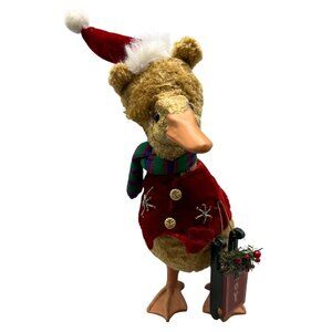 Vtg Duck Christmas Figurine Santa Hat Scarf Red Velvet Jacket Joy Sled 12" READ